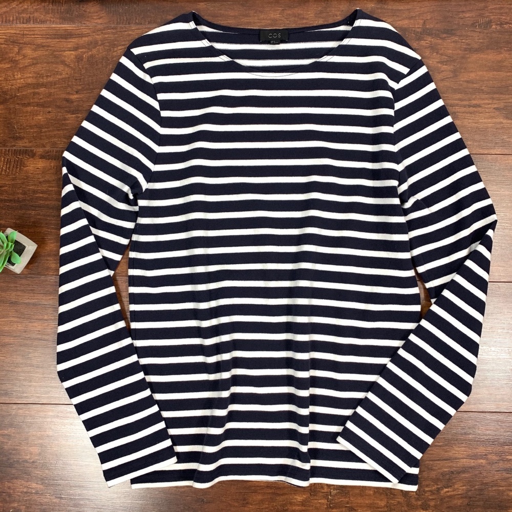COS Navy and White Striped Crew Neck Sweater